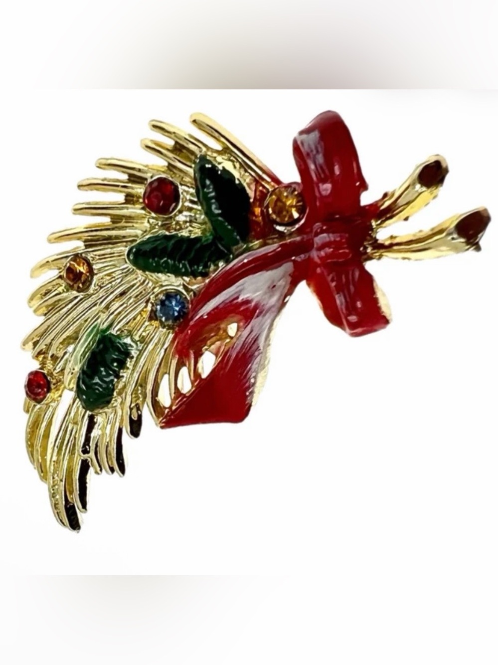 Vintage 1960’s Brooks gold-tone holiday spray brooch with multicolor rhinestones